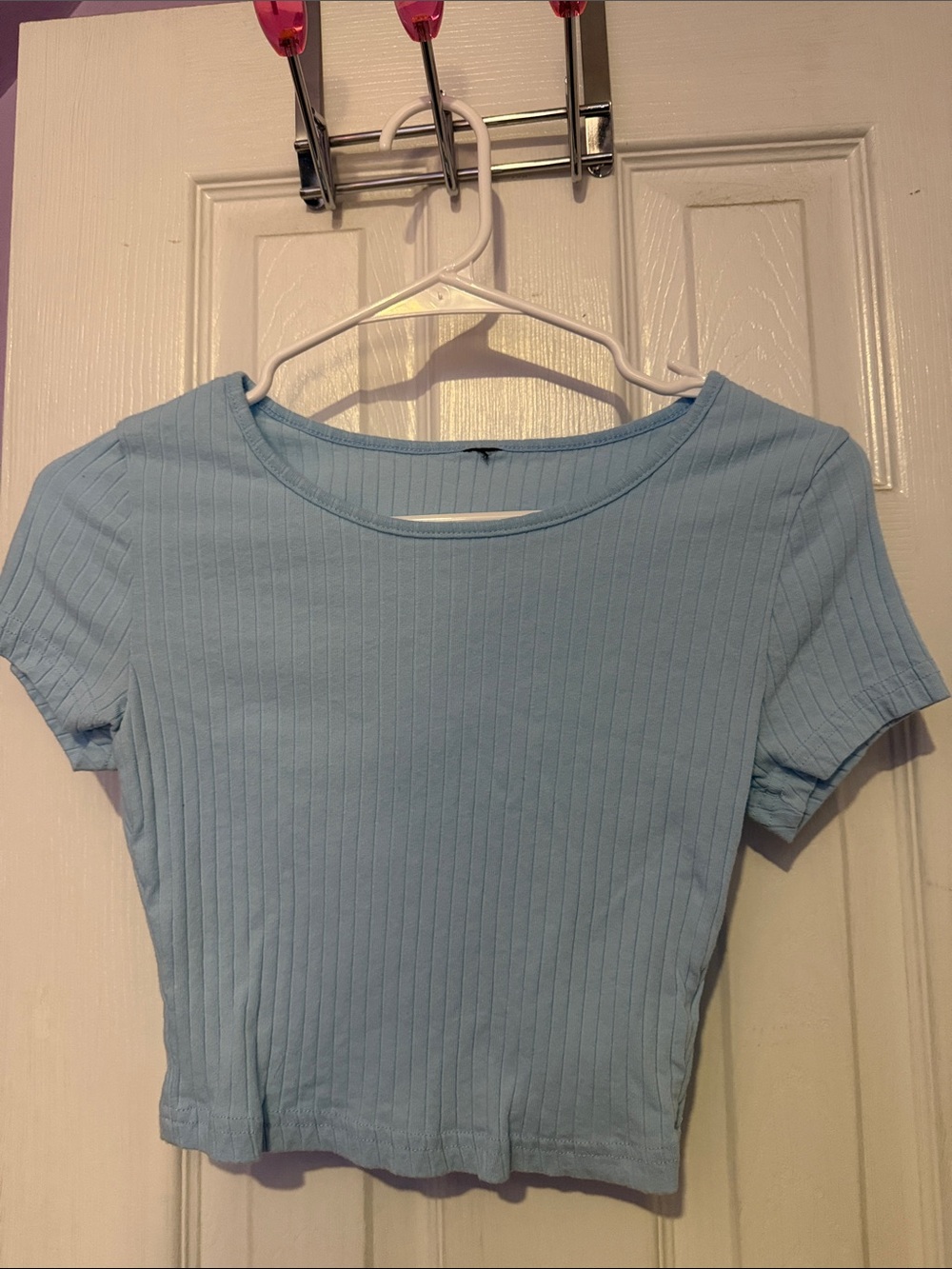 SHEIN Light Blue Ribbed Short Sleeve Crop Top